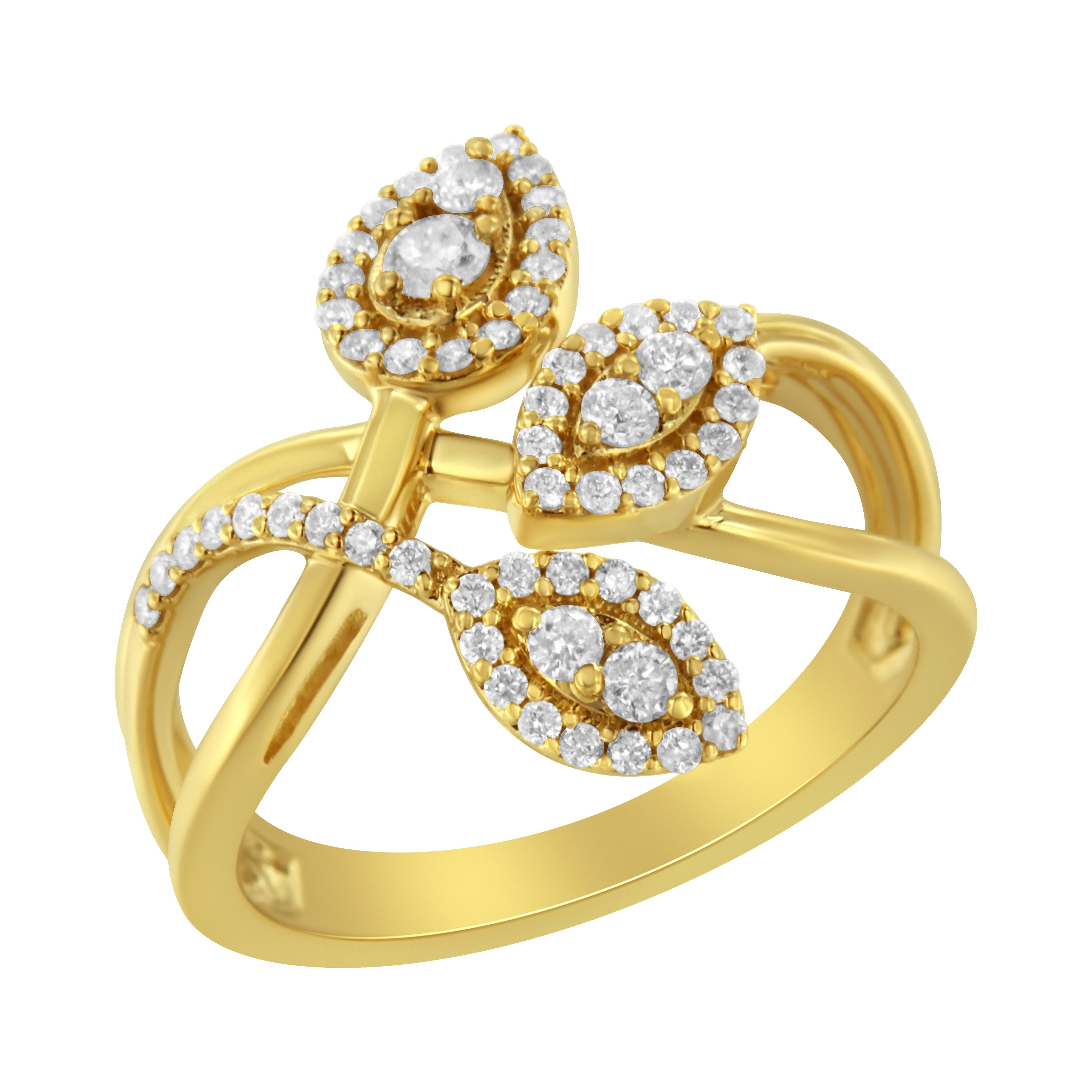 10K Yellow Gold 1/2 Carat Total Weight Round-Cut Diamond Layered Crossover Triple Leaf Bypass Ring (I-J Color, I1-I2 Clarity) - Size 7