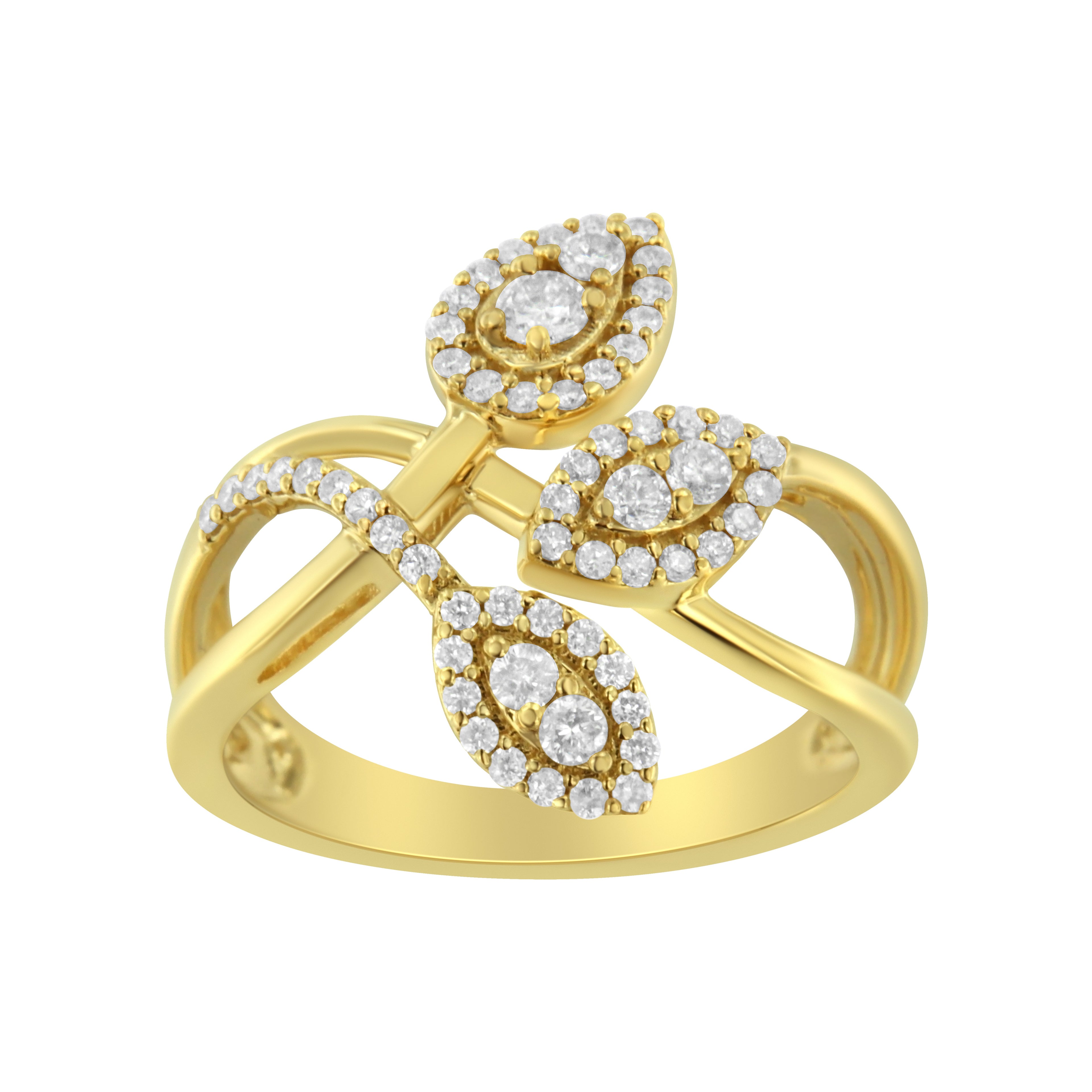 10K Yellow Gold 1/2 Carat Total Weight Round-Cut Diamond Layered Crossover Triple Leaf Bypass Ring (I-J Color, I1-I2 Clarity) - Size 7