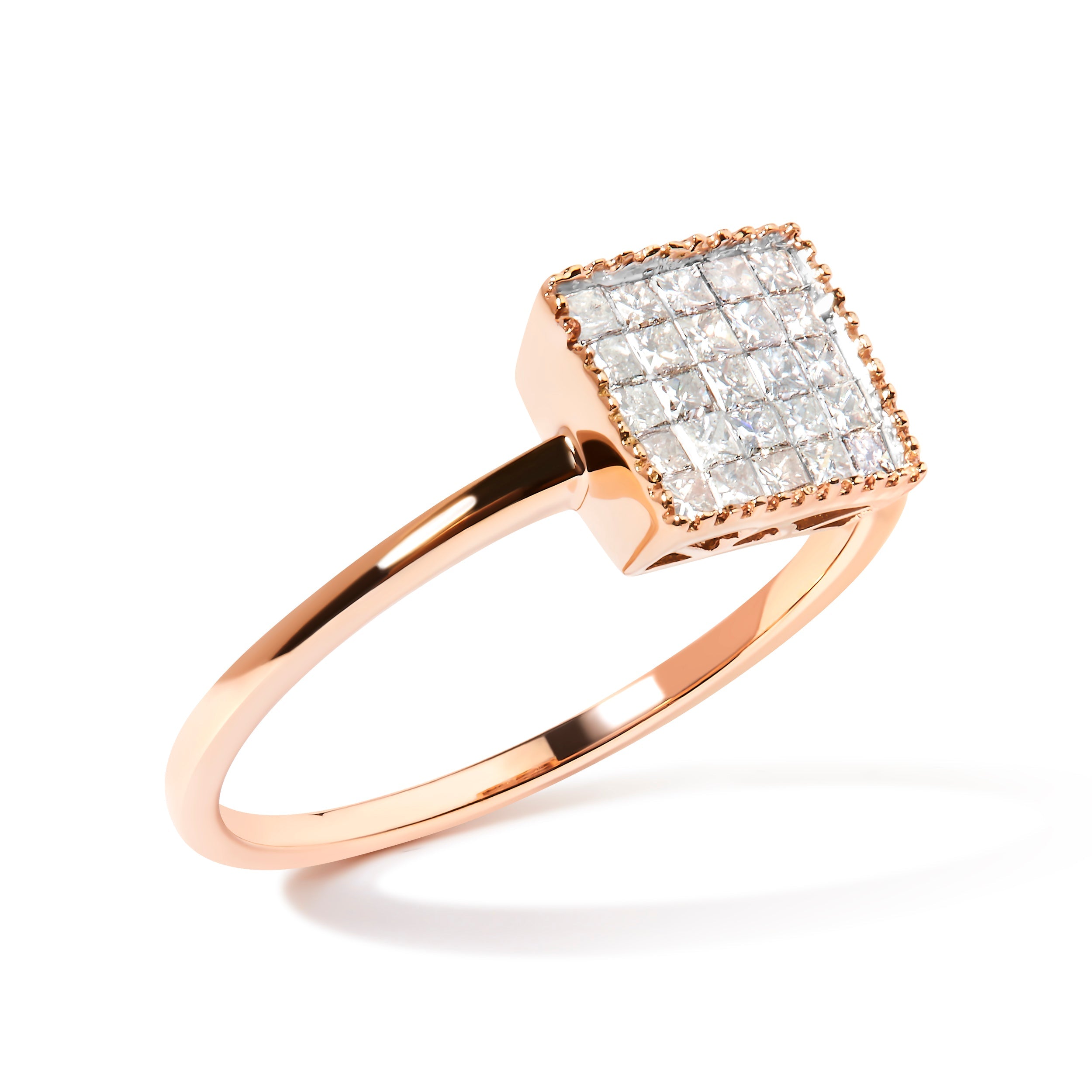10K Rose Gold 1/3 Cttw Invisible Set Princess Cut Diamond Composite Square Shape Ring for Women (H-I color, I1-I2 clarity) - Size 7