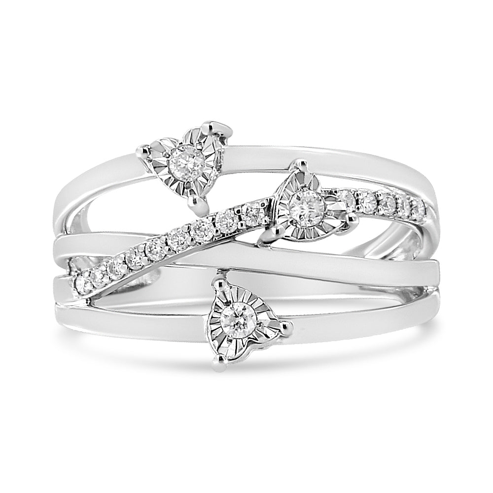 .925 Sterling Silver 1/5 Carat Total Weight Miracle-Set Diamond Heart Crossover Bypass Ring (I-J Color, I2-I3 Clarity) - Size 7