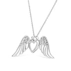 .925 Sterling Silver Pave-Set Diamond Accent Angel Wing 18" Double Heart Pendant Necklace (I-J Color, I1-I2 Clarity)