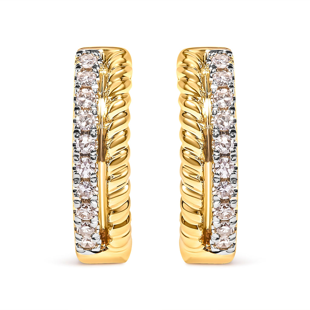 10K Yellow Gold 1/10 Cttw Diamond and Rope Twist Huggie Hoop Earrings (H-I Color, I1-I2 Clarity)