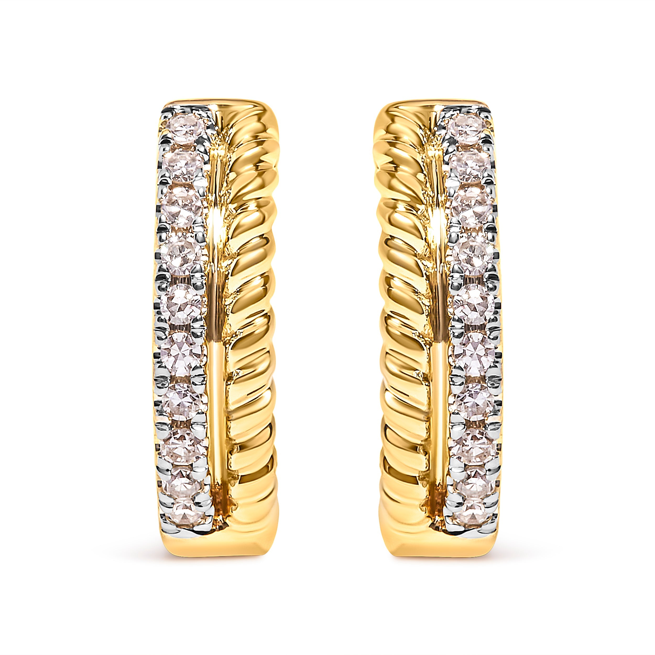 10K Yellow Gold 1/10 Cttw Diamond and Rope Twist Huggie Hoop Earrings (H-I Color, I1-I2 Clarity)