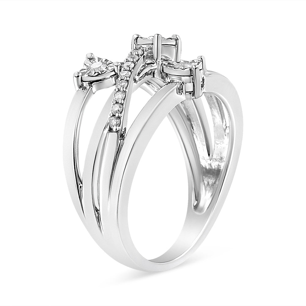 .925 Sterling Silver 1/5 Carat Total Weight Miracle-Set Diamond Heart Crossover Bypass Ring (I-J Color, I2-I3 Clarity) - Size 7