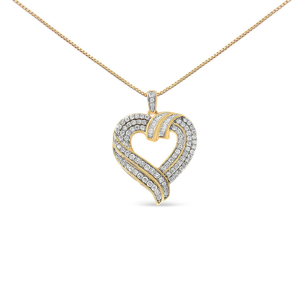 14K Yellow Gold Plated .925 Sterling Silver 1.00 Carat Total Weight Baguette Diamond Composite Open Heart 18" Inch Pendant Necklace (I-J Color, I1-I2 Clarity)