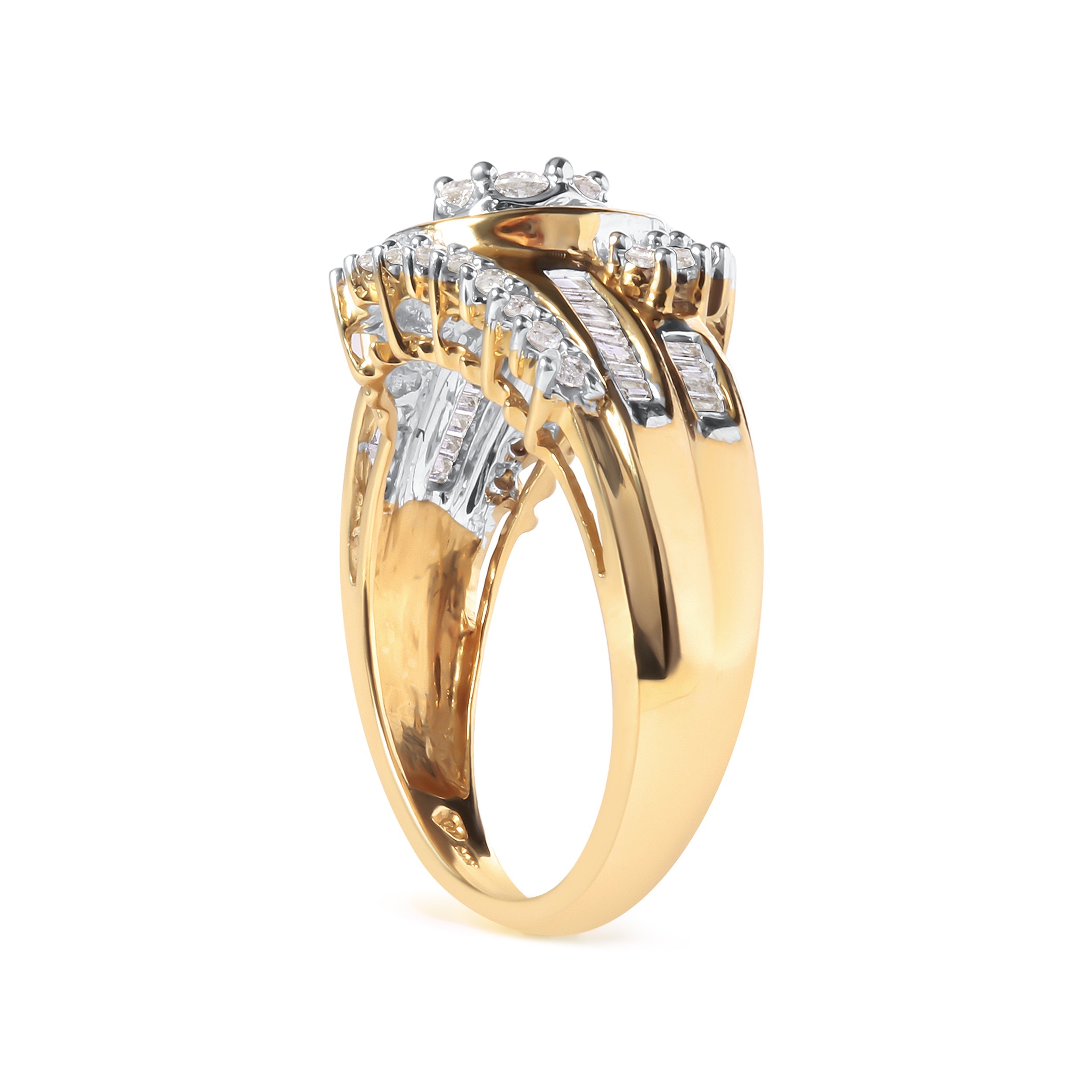 10K Yellow Gold 1 Cttw Round and Baguette Cut Diamond Cluster Swirl Band Ring (H-I Color, I1-I2 Clarity) - Ring Size 7
