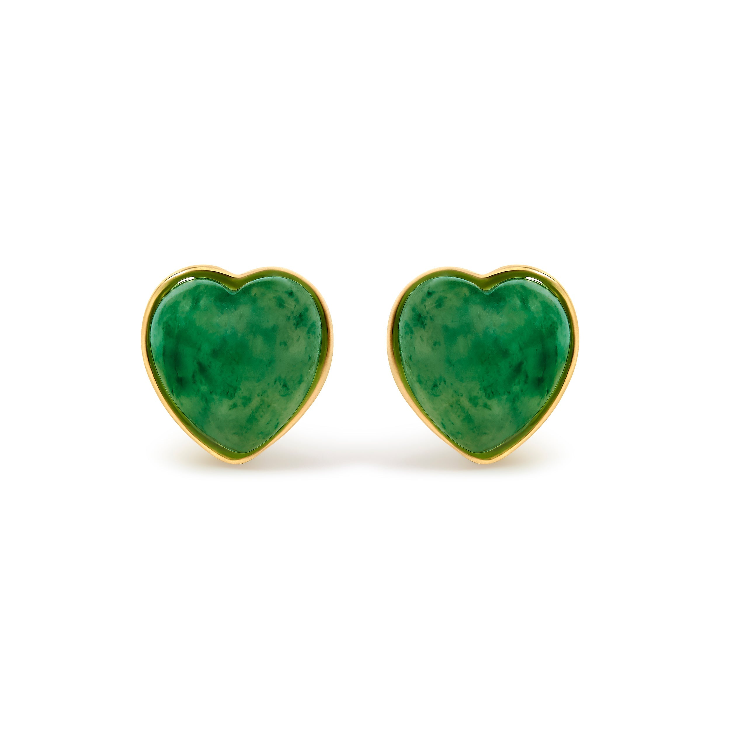 18K Yellow Gold 9x8 MM Bezel Set Green Jade Heart Stud Earrings