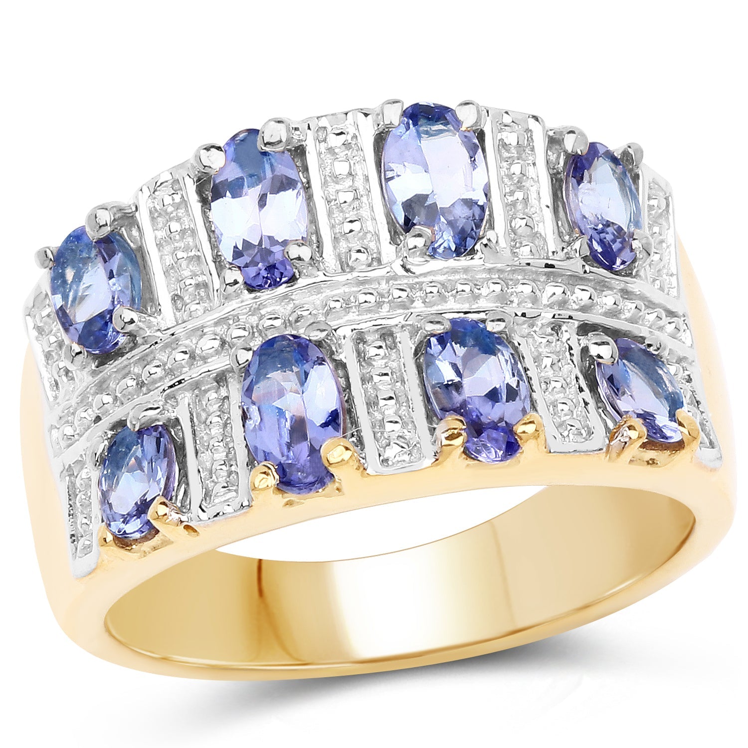 Anillo de plata esterlina .925 con tanzanita genuina de 1,68 quilates bañada en oro amarillo de 14 quilates