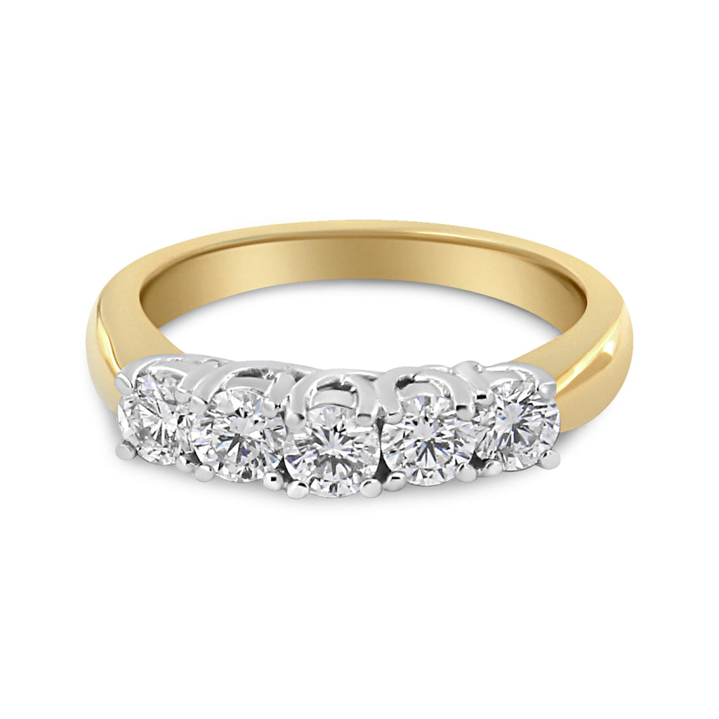 18K Yellow Gold 1.0 Cttw 4 Prong Set Round Cut Diamond Step Up 5 Stone Ring Band (F-G Color, SI1-SI2 Clarity) - Size 6