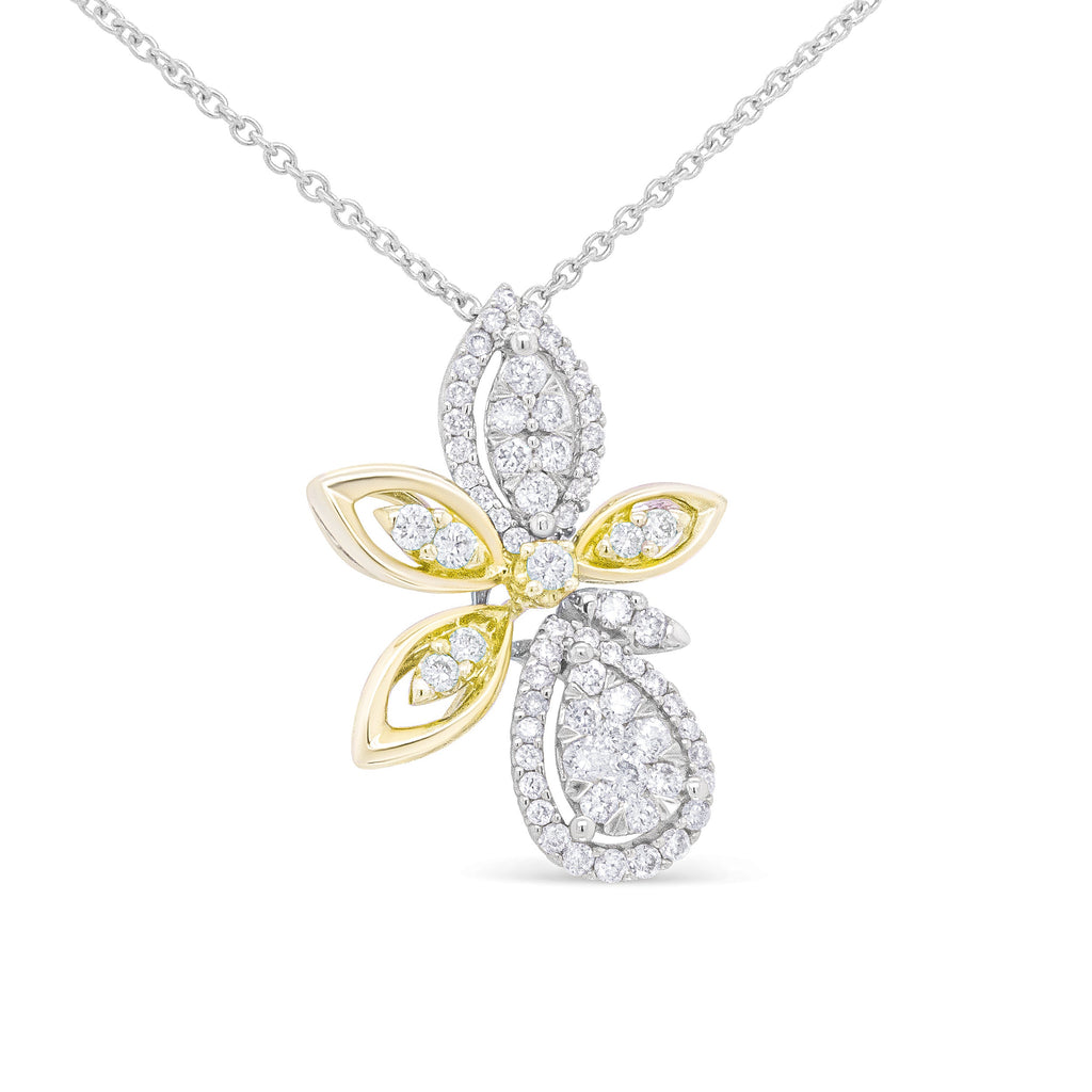 14K White and Yellow Gold 5/8 Carat Total Weight Round Diamond Marquise Floral Style 18" Pendant Necklace (H-I Color, I1-I2 Clarity)