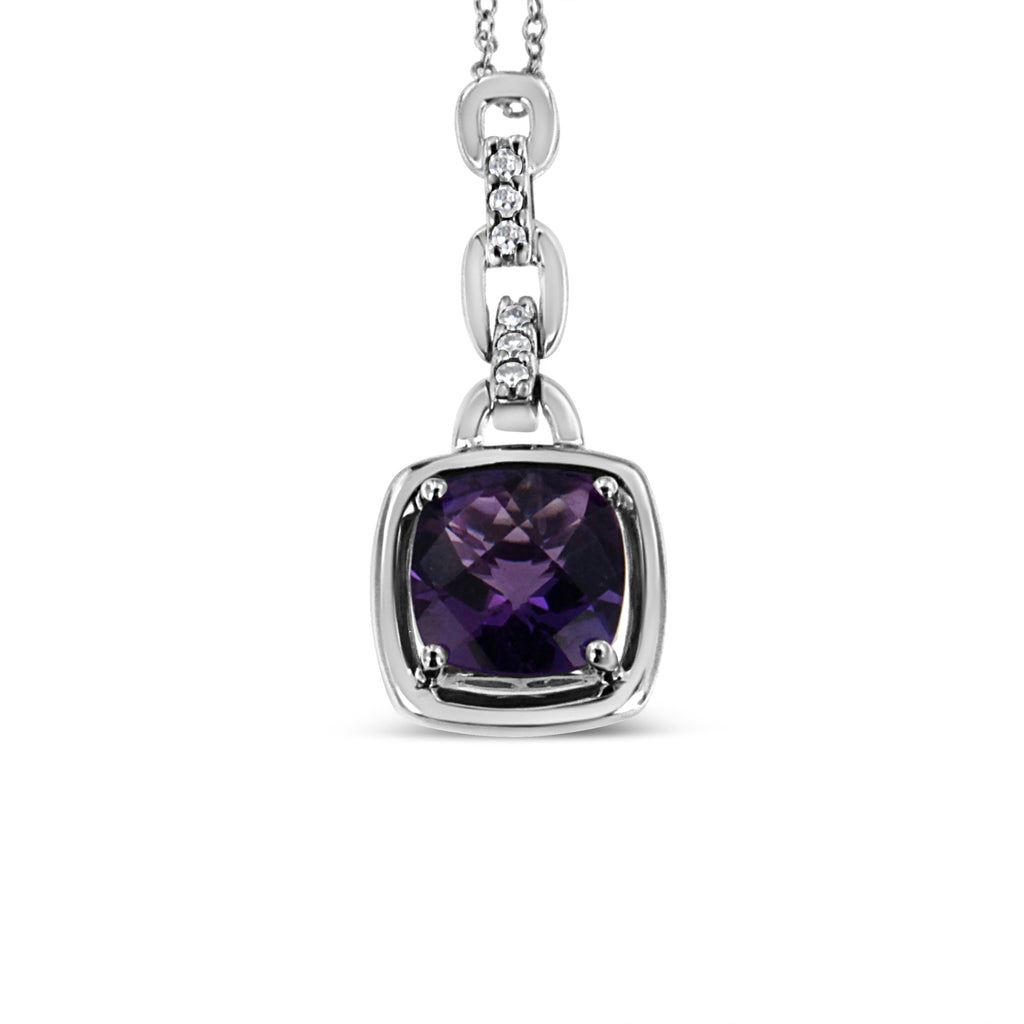 .925 Sterling Silver 6x6MM Cushion Shaped Natural Purple Amethyst and Diamond Accented Bail 18" Inch Pendant Necklace (I-J Color, I1-I2 Clarity)