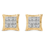 10K Yellow Gold Plated .925 Sterling Silver 1/4 Carat Total Weight Diamond Textured Halo Stud Earrings