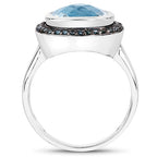 5.23 Carat Genuine Swiss Blue Topaz and Black Diamond .925 Sterling Silver Ring