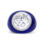 18K White Gold 14mm White Quartz and 1/5 Cttw Diamond Halo with Blue Enamel Dome Ring (F-G Color, VS1-VS2 Clarity) - Ring Size 7