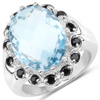 12.49 Carat Genuine Blue Topaz & Black Spinel .925 Sterling Silver Ring