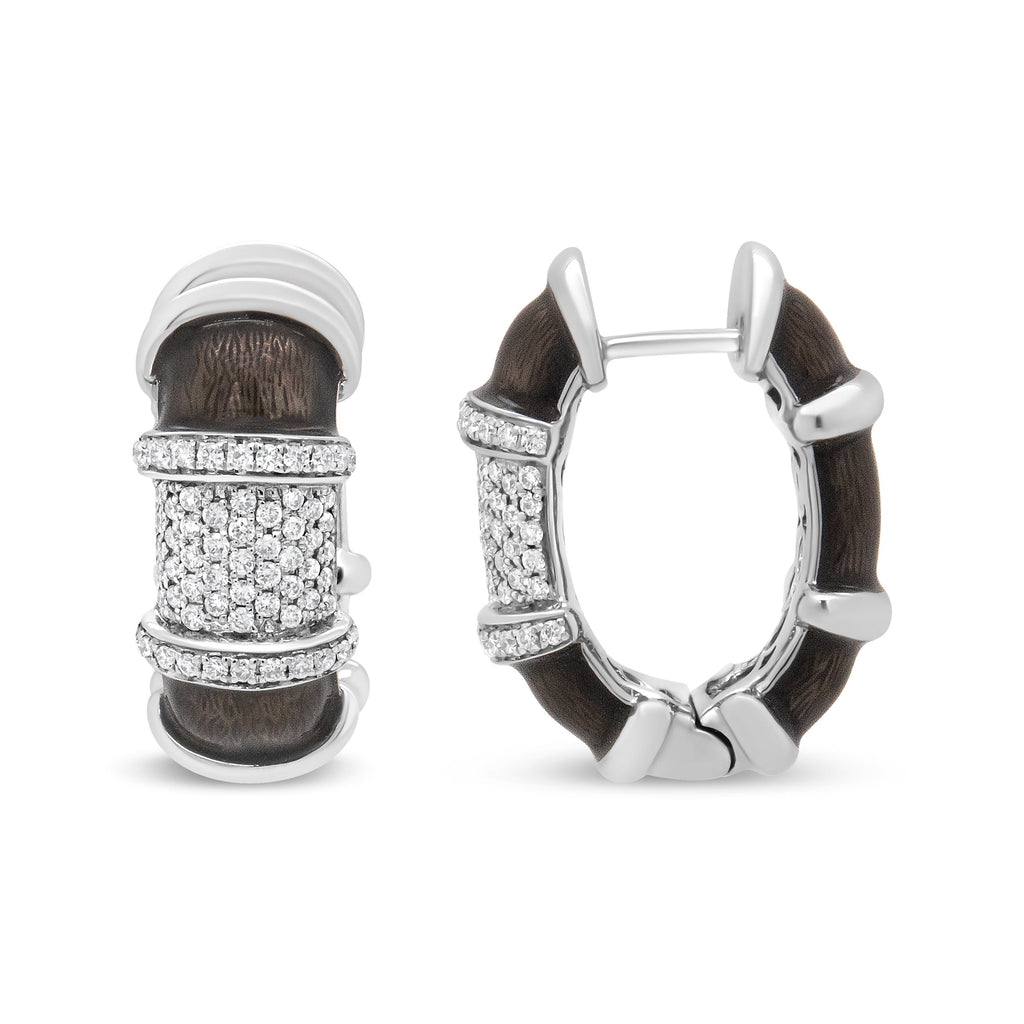 18K White Gold Flash Plated .925 Sterling Silver Clear Graphite Grey Enamel 5/8 Carat Total Weight Round Diamonds Huggie Hoop Earrings (F-G Color, VS1-VS2 Clarity)