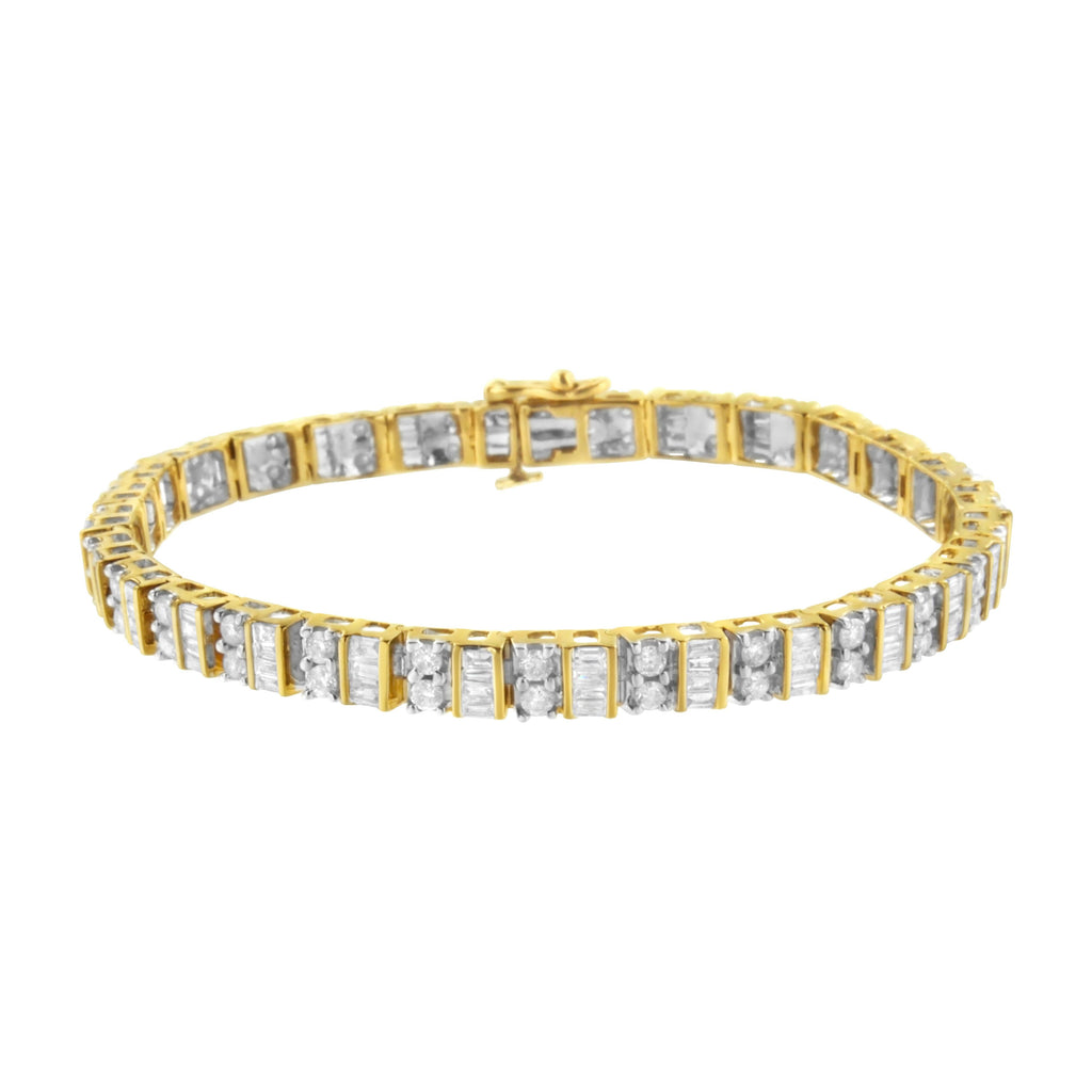 10K Yellow Gold 4.0 Carat Total Weight Alternating Baguette & Round Cut Diamond Bezel- & Prong-Set 7" Tennis Bracelet (G-H Color, SI1-SI2 Clarity)