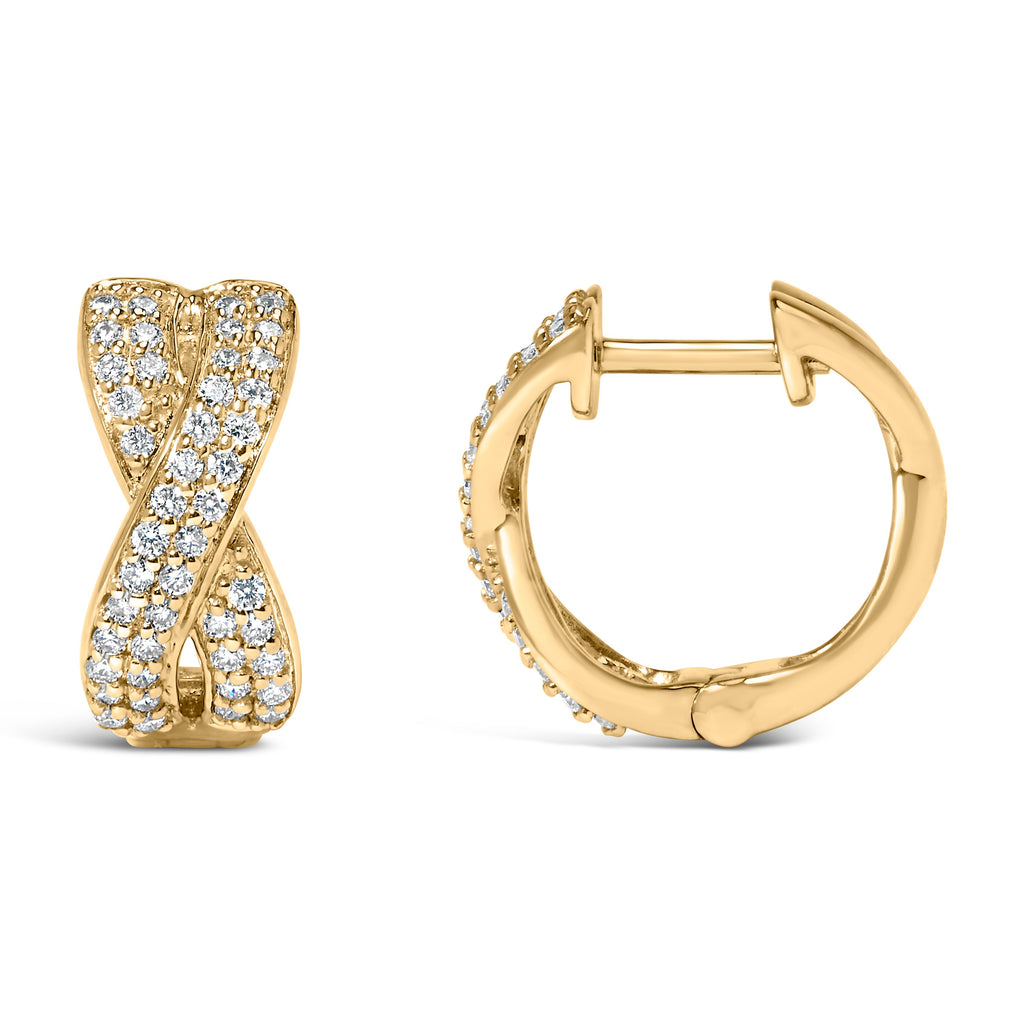 14K Yellow Gold 1/3 Carat Total Weight Diamond Criss Cross Huggie Hoop Earrings (G-H Color, SI2-I1 Clarity)