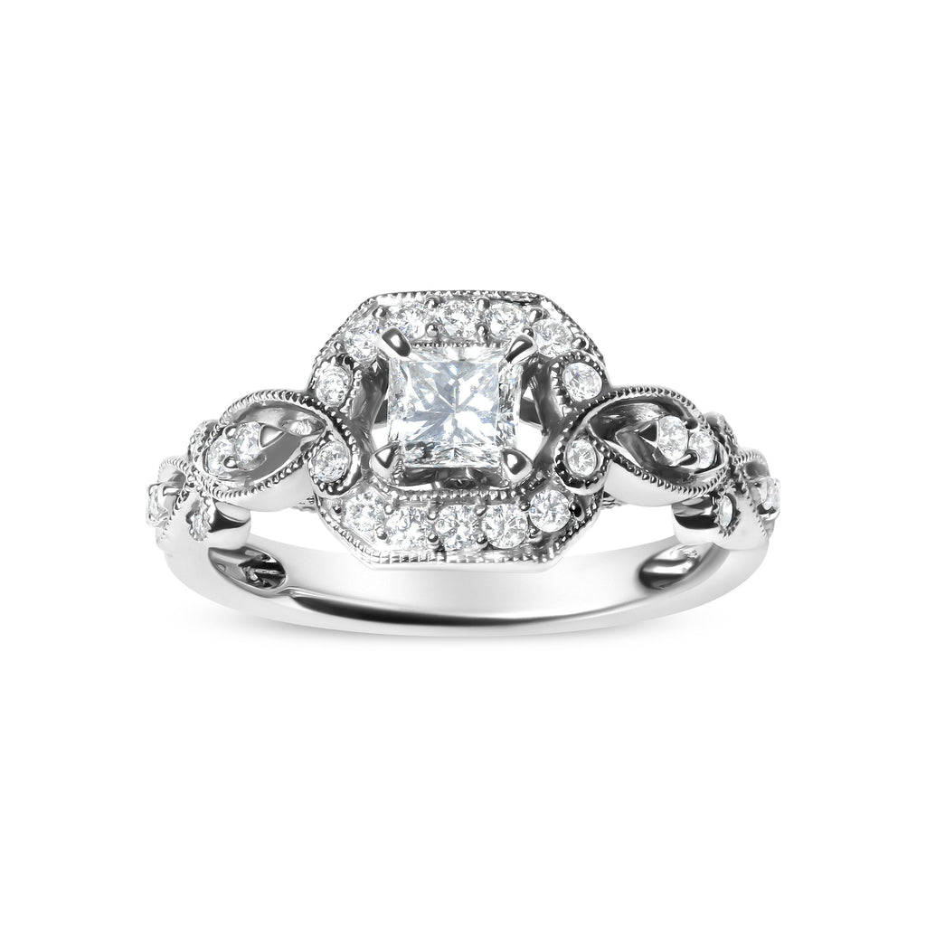14K White Gold 3/4 Carat Total Weight Diamond Halo Style and Woven Shank Engagement Ring (G-H Color, VS2-SI1 Clarity) - Size 7