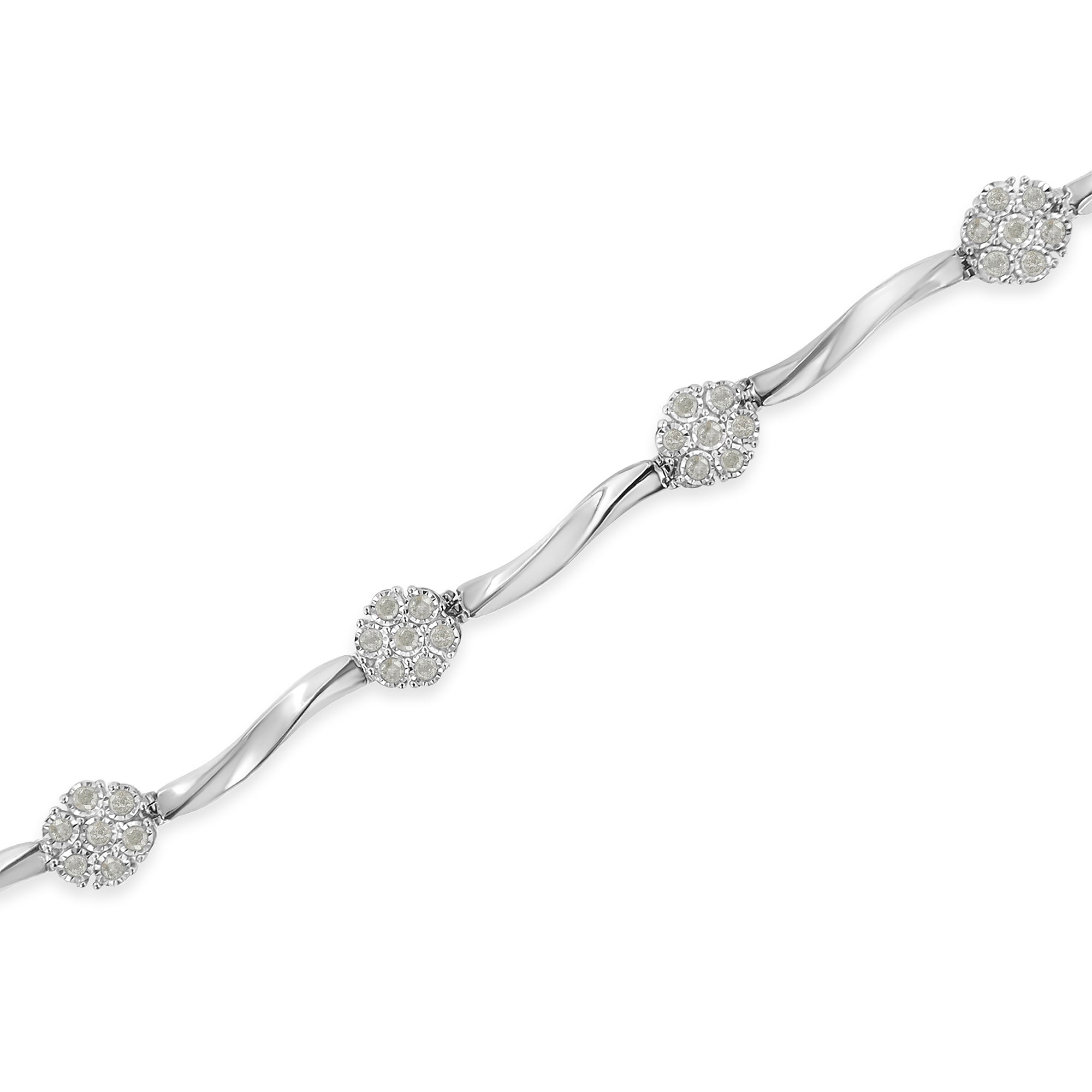 .925 Sterling Silver 1/4 Carat Total Weight Diamond Cluster Miracle-Set Station & Twisted Bar 7" Tennis Bracelet (H-I Color, I2-I3 Clarity)
