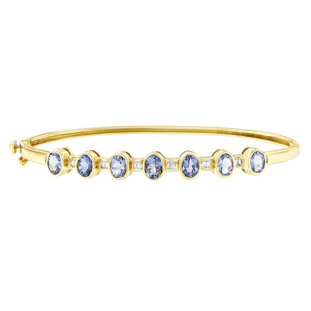 14K Yellow Gold Alternating Bezel Set 5MM Oval Shaped Tanzanite and 1/5 Cttw Diamond Bangle Bracelet (H-I Color, VS2-SI1 Clarity) - Fits wrists up to 7.25" Inches