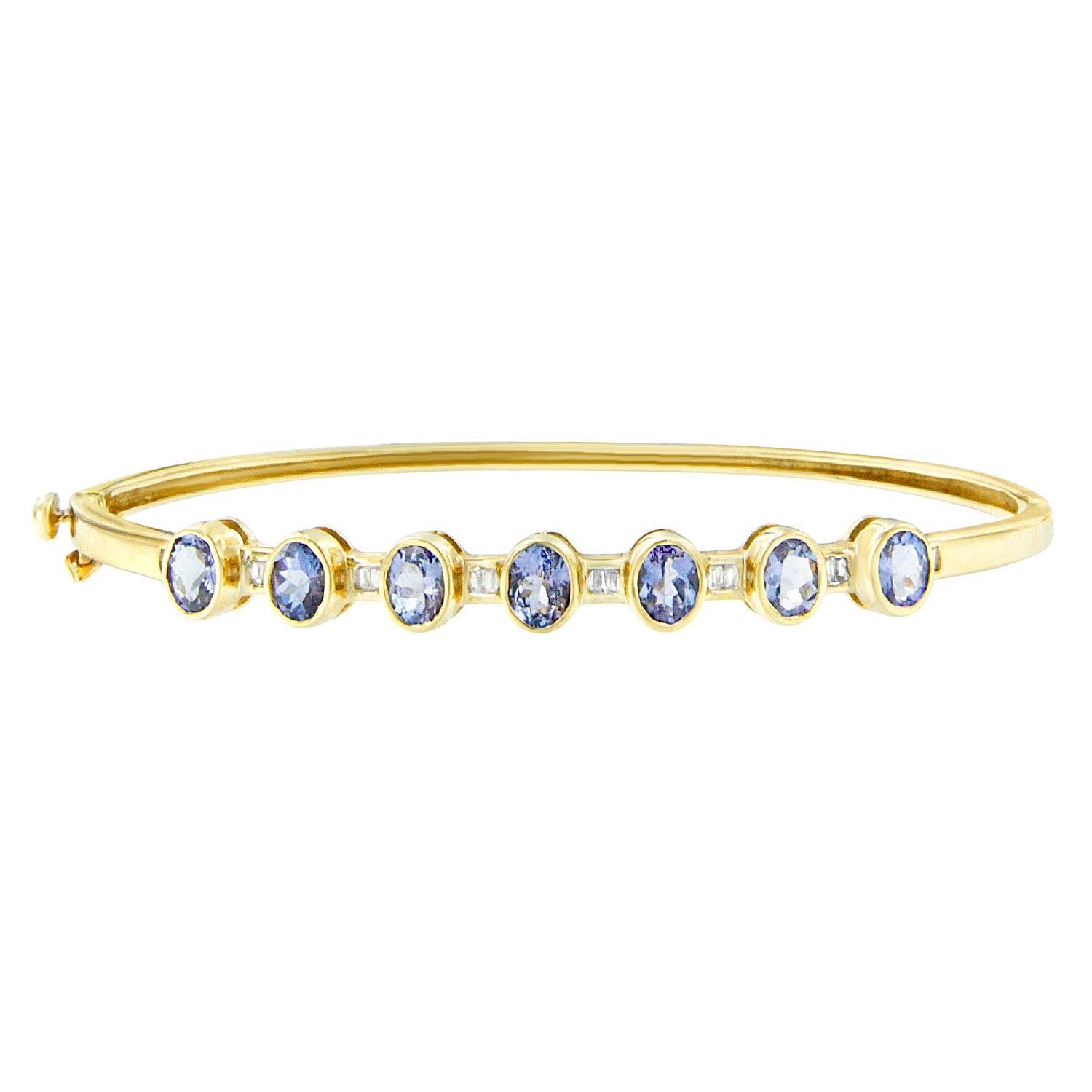 14K Yellow Gold Alternating Bezel Set 5MM Oval Shaped Tanzanite and 1/5 Cttw Diamond Bangle Bracelet (H-I Color, VS2-SI1 Clarity) - Fits wrists up to 7.25" Inches
