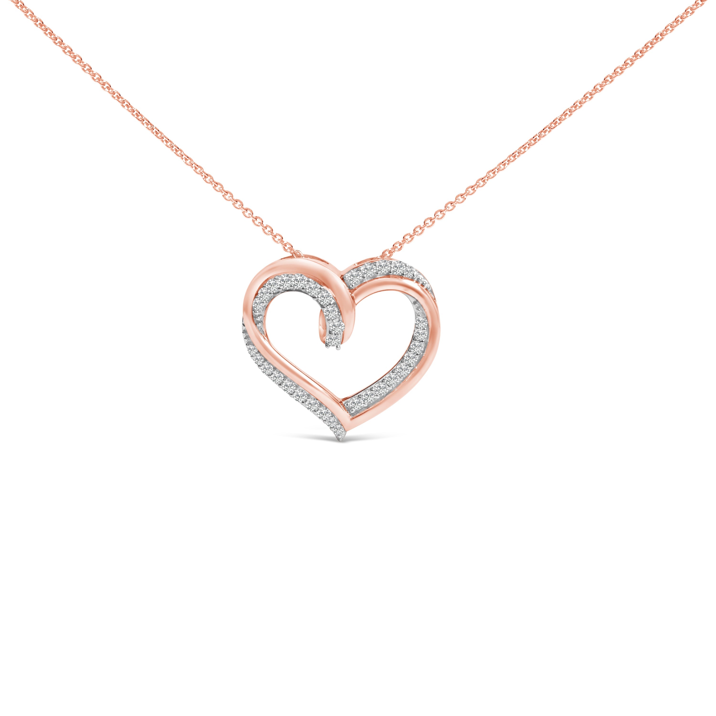 14K Rose Gold Plated Sterling Silver 1/2 Carat Total Weight Diamond Open Heart Pendant Necklace