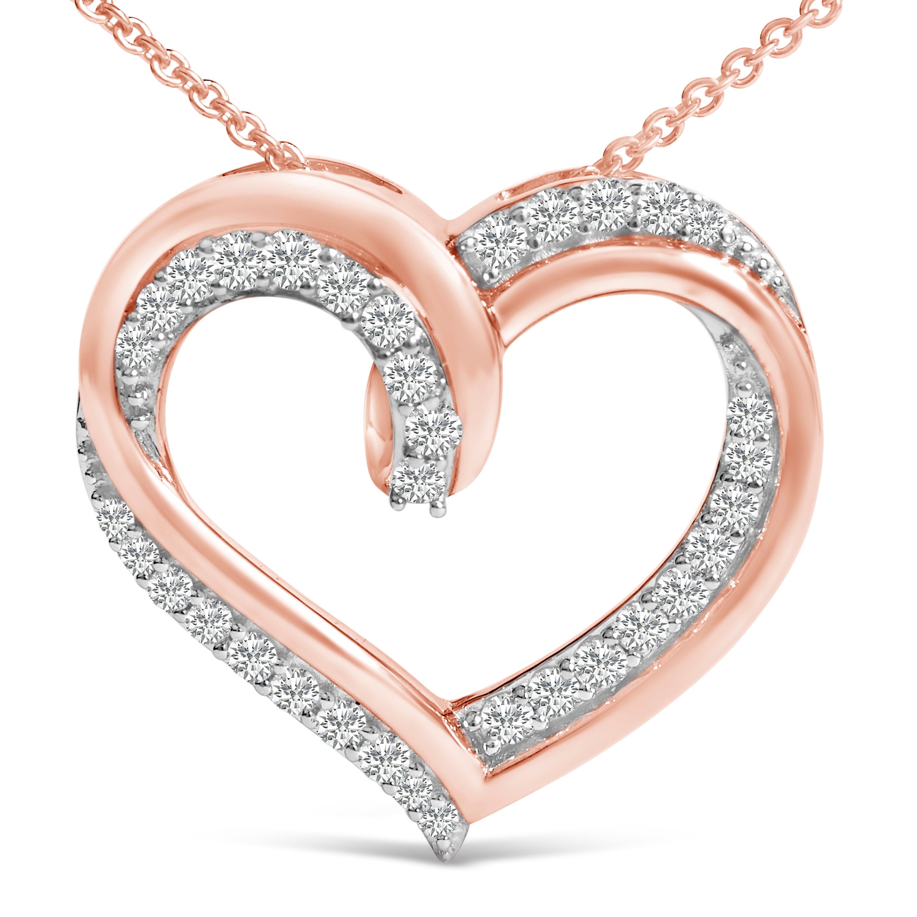 14K Rose Gold Plated Sterling Silver 1/2 Carat Total Weight Diamond Open Heart Pendant Necklace