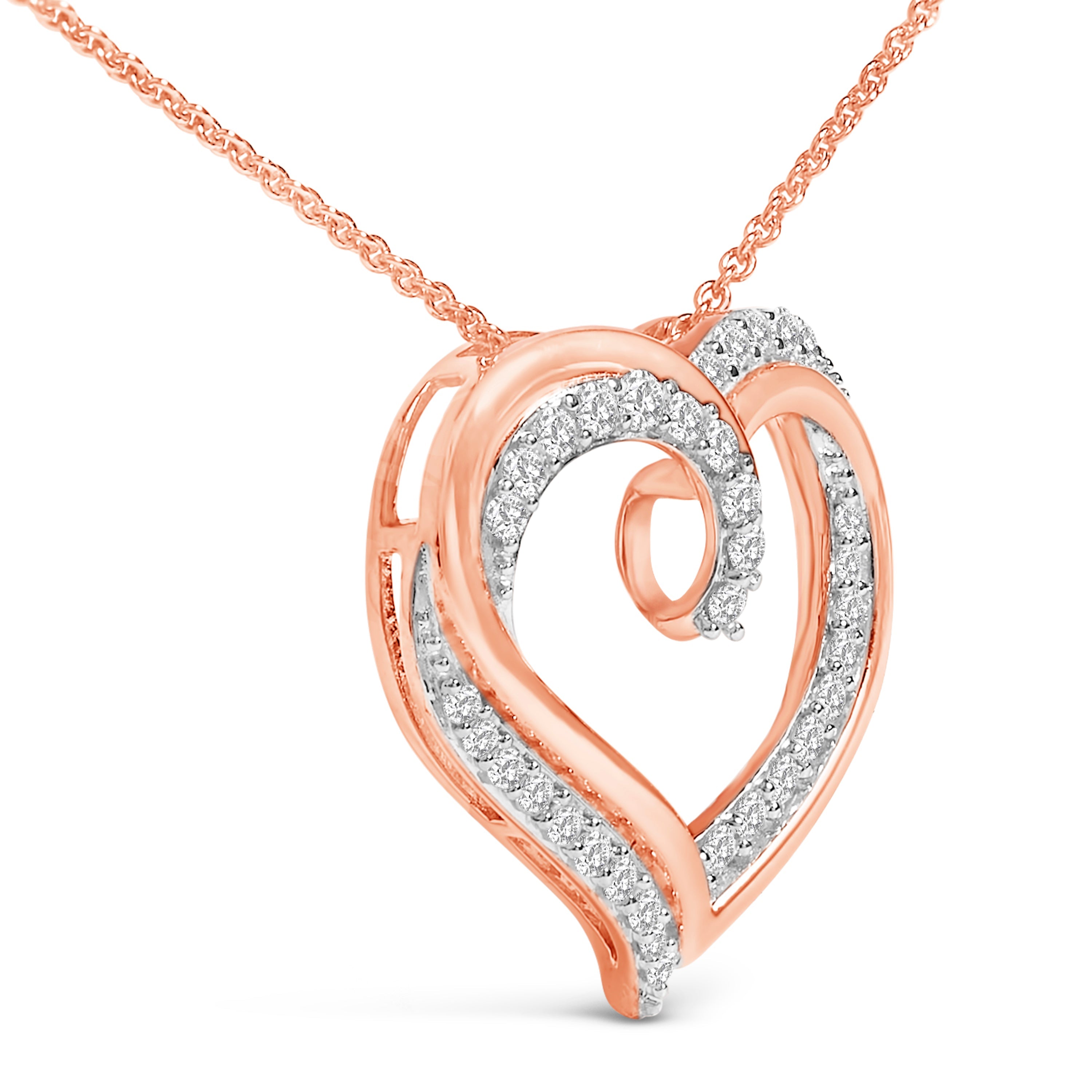 14K Rose Gold Plated Sterling Silver 1/2 Carat Total Weight Diamond Open Heart Pendant Necklace