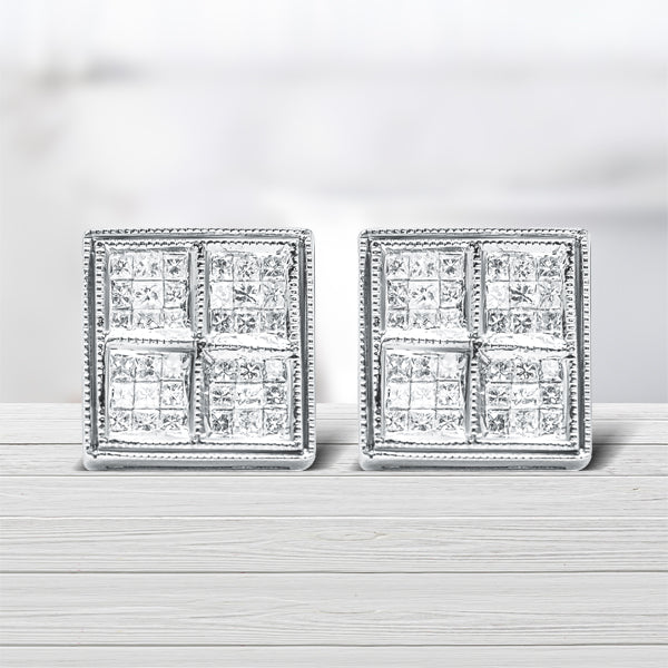 14K White Gold 1/2 Carat Total Weight Princess Diamond Composite Box Shape Milgrain Stud Earrings (H-I Color, SI1-SI2 Clarity)