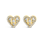 14K Yellow Gold Plated .925 Sterling Silver 1/2 Cttw Round and Baguette Diamond Composite Heart Shaped Stud Earring (I-J Color, SI2-I1 Clarity)