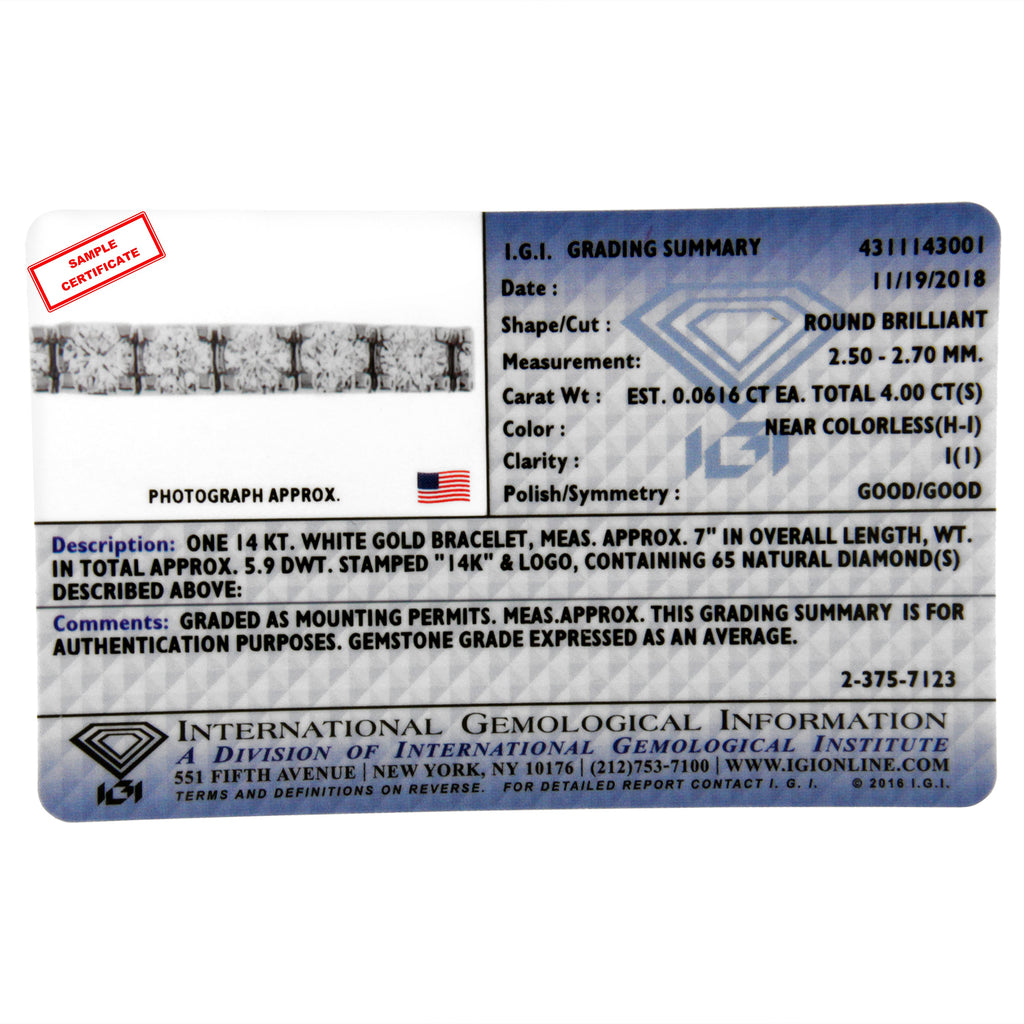 IGI Certified 5.0 Cttw Cut Diamond 14K White Gold Classic 7" Tennis Bracelet (H-I Color, I1-I2 Clarity)