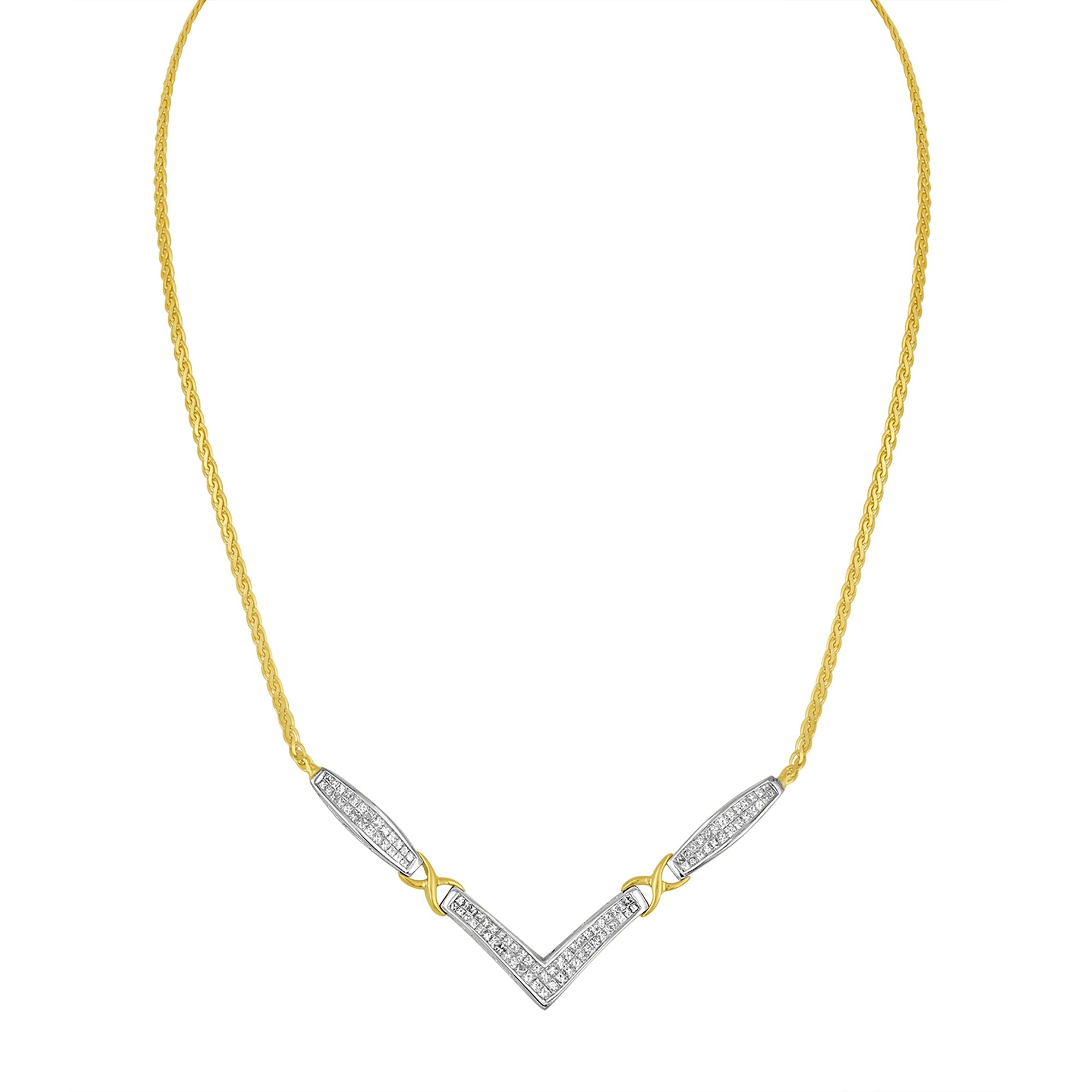 14K Yellow and White Gold 2.0 Cttw Princess Cut Diamond Flared and X-Station V Shaped 18" Franco Chain Statement Necklace (H-I Color, SI2-I1 Clarity)