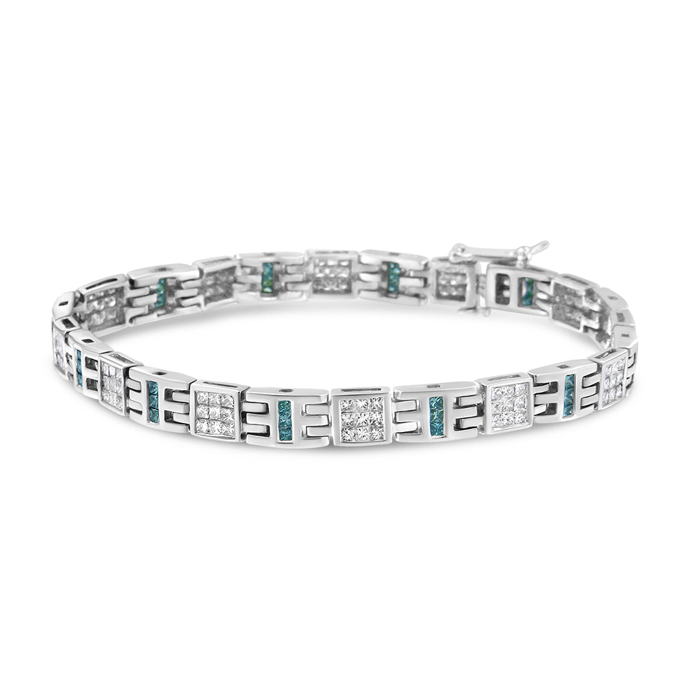 14K White Gold Princess-Cut White and Blue Diamond 3.00 cttw Fashion Link Bracelet (H-I Color, SI1-SI2 Clarity)