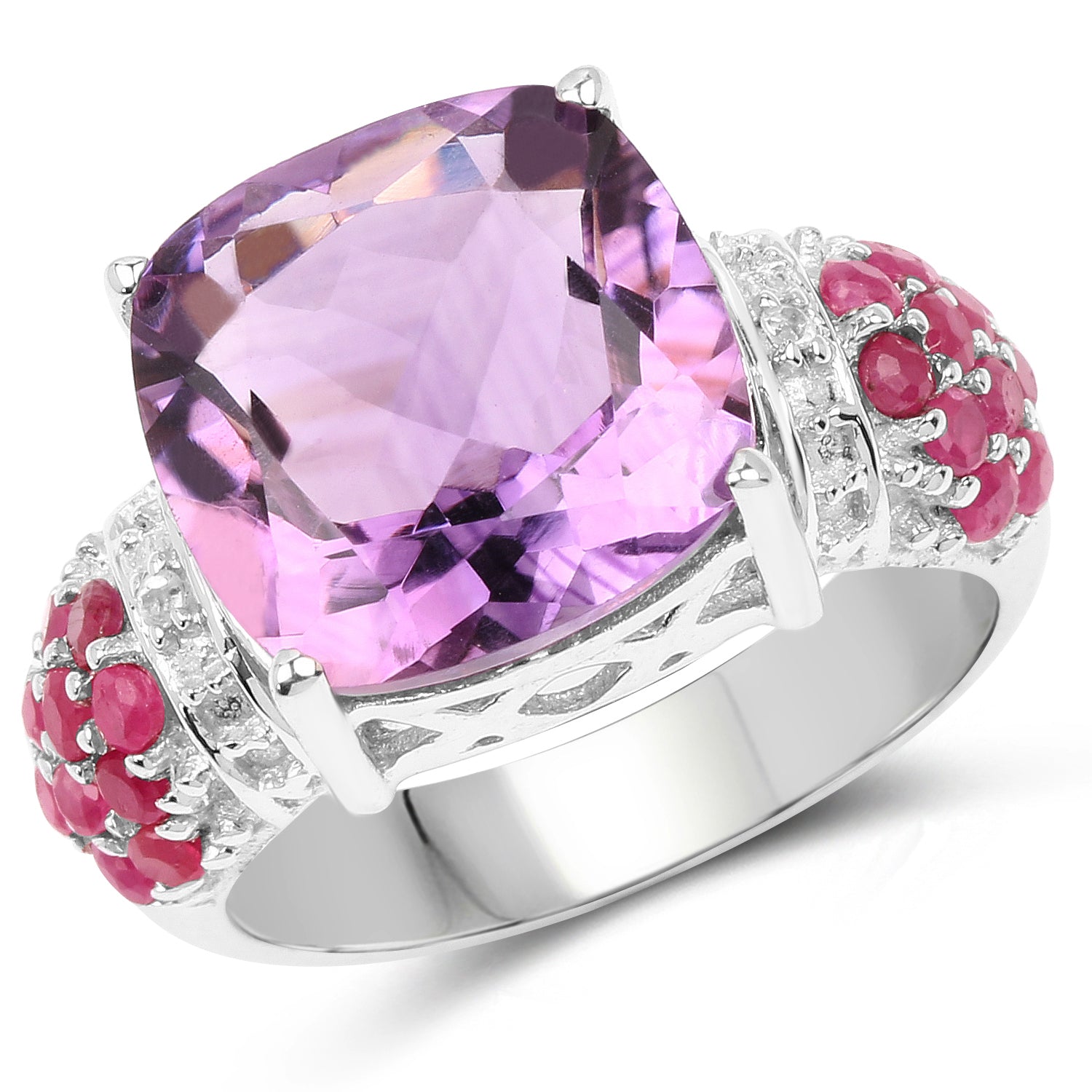 6.55 Carat Genuine Amethyst, Ruby and White Topaz .925 Sterling Silver Ring