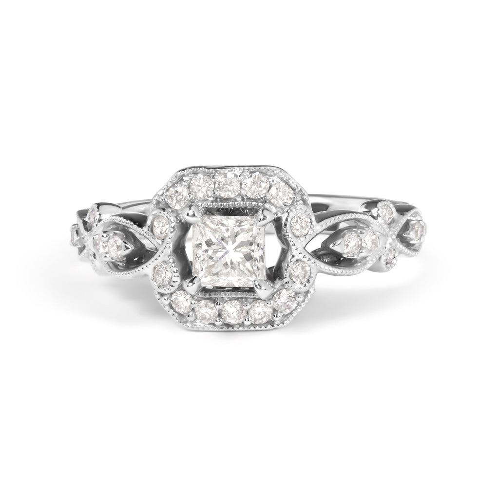 14K White Gold 3/4 Carat Total Weight Diamond Halo Style and Woven Shank Engagement Ring (G-H Color, VS2-SI1 Clarity) - Size 7