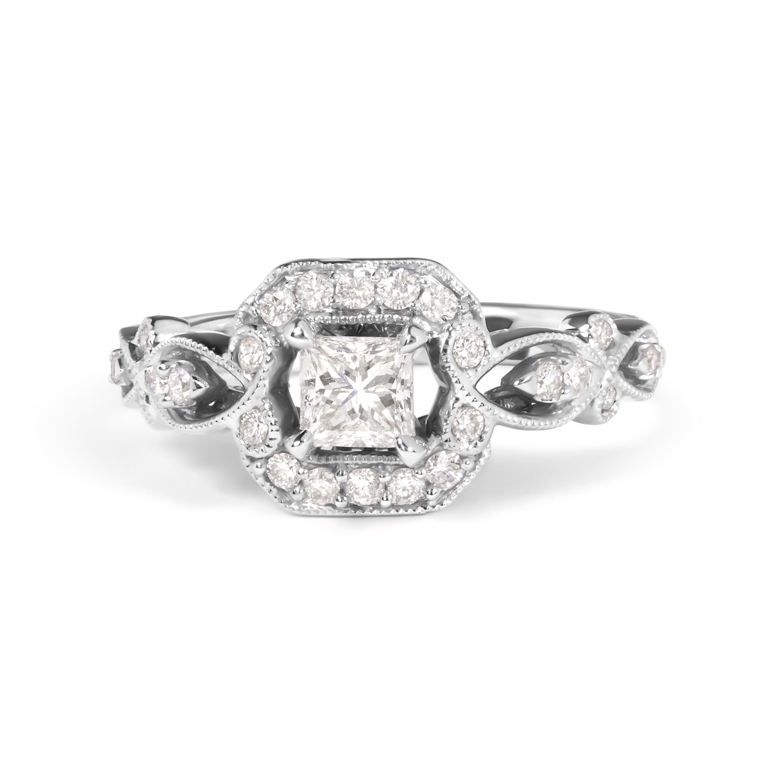 14K White Gold 3/4 Carat Total Weight Diamond Halo Style and Woven Shank Engagement Ring (G-H Color, VS2-SI1 Clarity) - Size 7