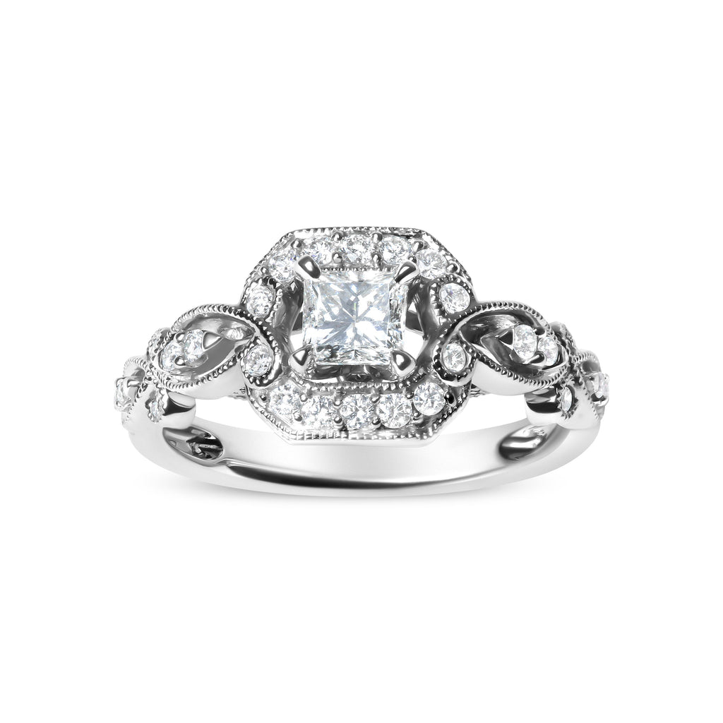 14K White Gold 3/4 Carat Total Weight Diamond Halo Style and Woven Shank Engagement Ring (G-H Color, VS2-SI1 Clarity) - Size 7