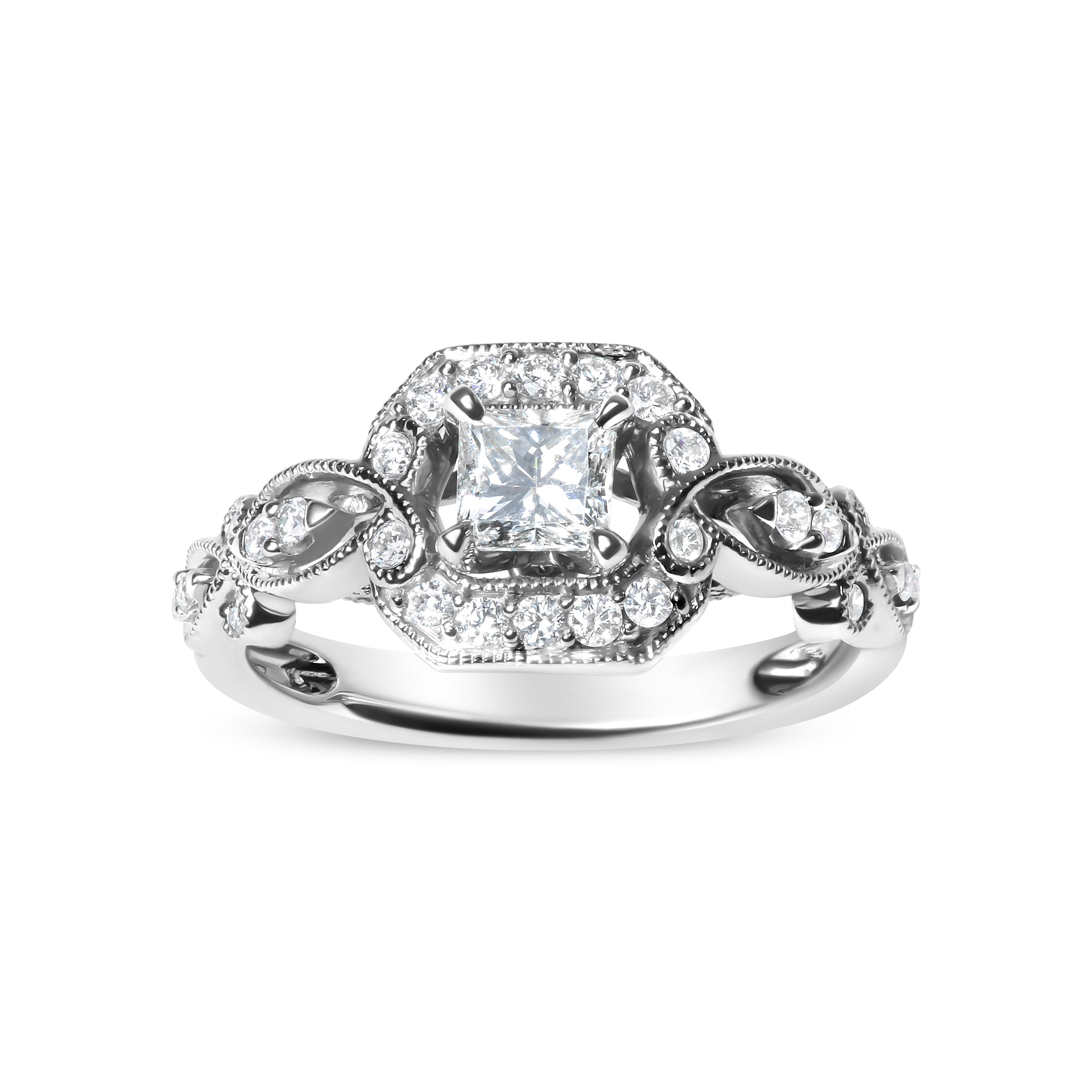 14K White Gold 3/4 Carat Total Weight Diamond Halo Style and Woven Shank Engagement Ring (G-H Color, VS2-SI1 Clarity) - Size 7