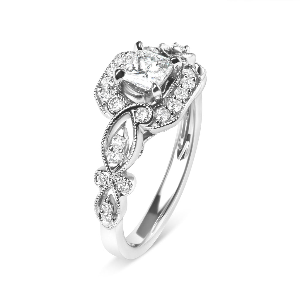 14K White Gold 3/4 Carat Total Weight Diamond Halo Style and Woven Shank Engagement Ring (G-H Color, VS2-SI1 Clarity) - Size 7