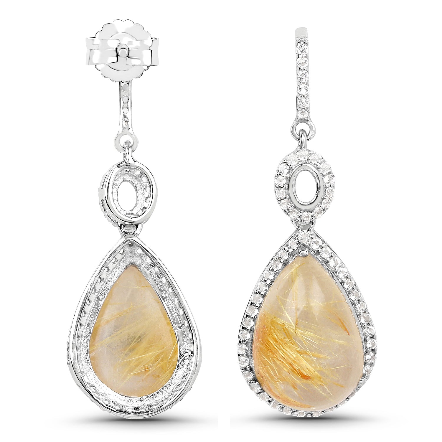 10.04 Carat Genuine Golden Rutile and White Topaz .925 Sterling Silver Earrings