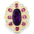 6.80 Carat Genuine Amethyst, Rhodolite, and Blue Topaz .925 Sterling Silver Ring