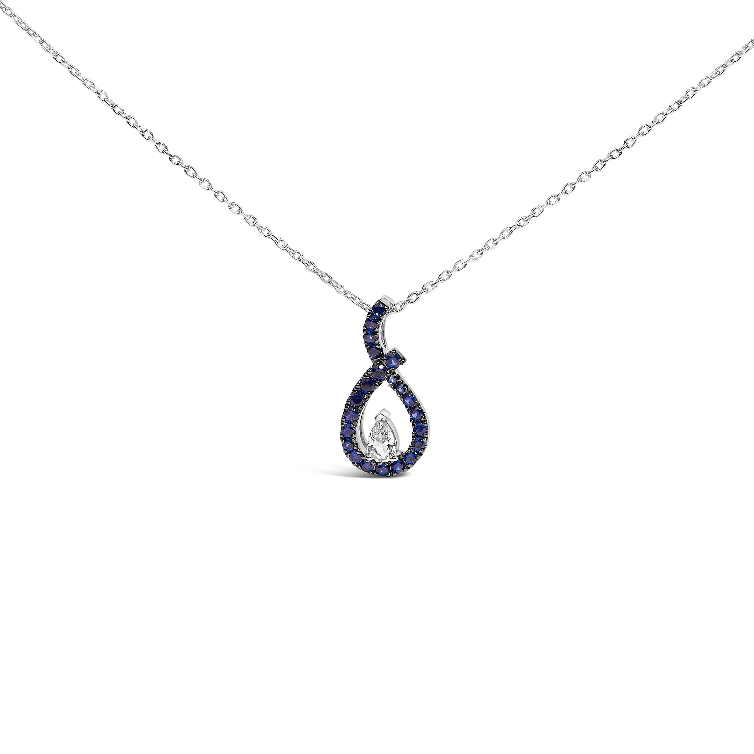.925 Sterling Silver Created Blue and White Sapphire Teardrop Shaped Pendant Necklace - 18"
