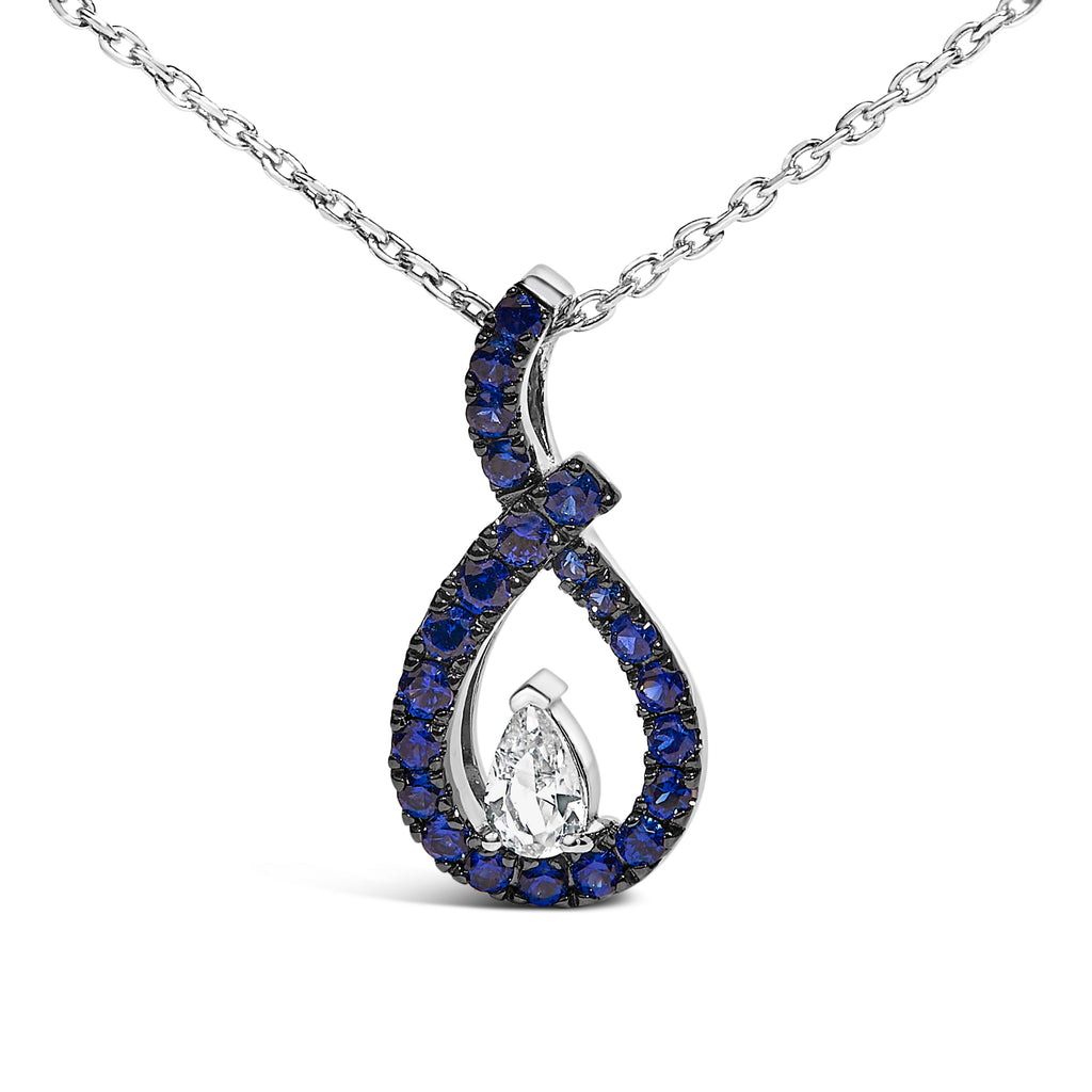 .925 Sterling Silver Created Blue and White Sapphire Teardrop Shaped Pendant Necklace - 18"