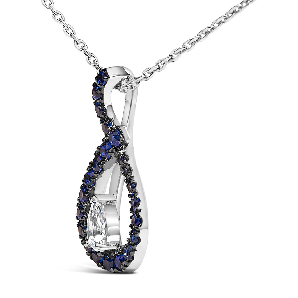 .925 Sterling Silver Created Blue and White Sapphire Teardrop Shaped Pendant Necklace - 18"