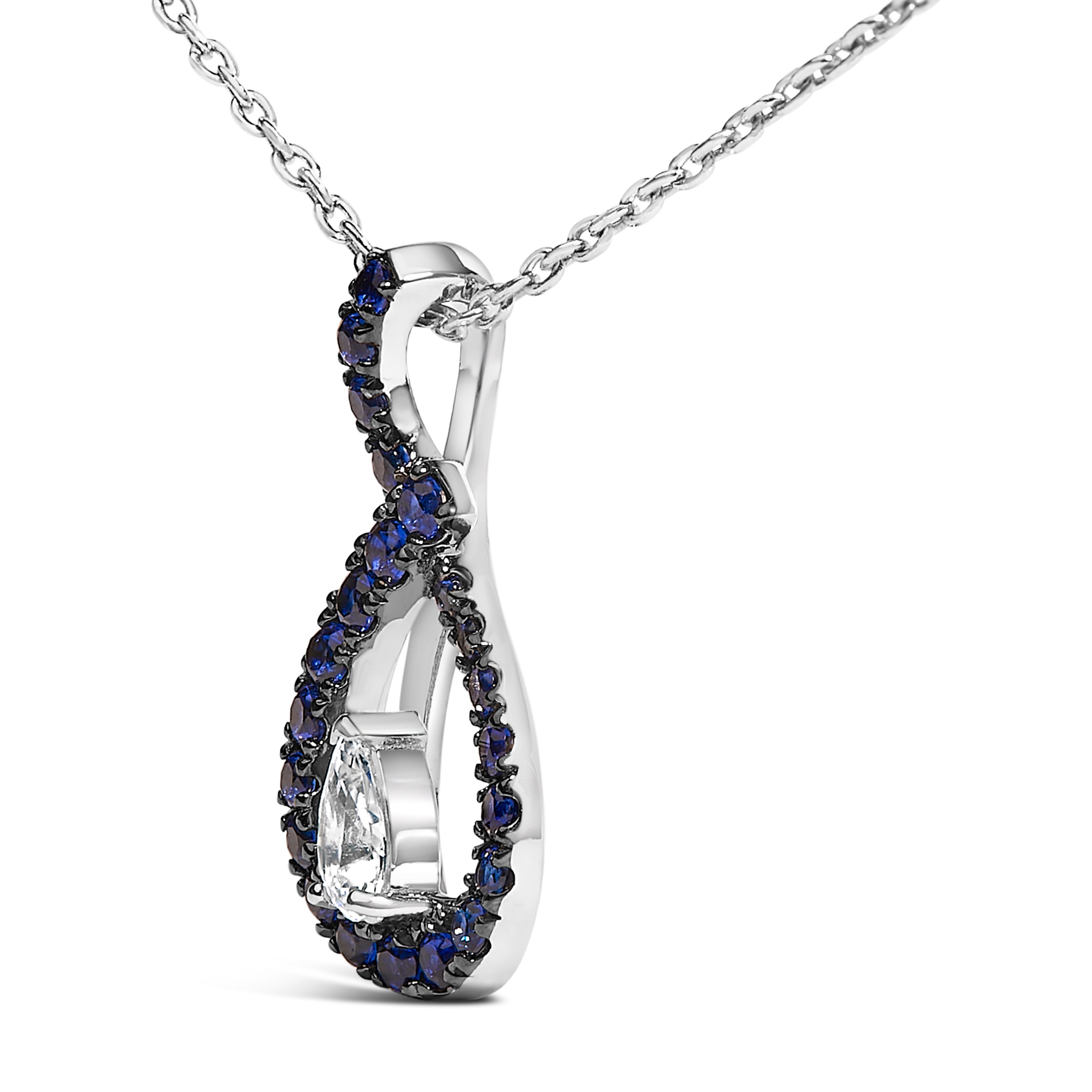 .925 Sterling Silver Created Blue and White Sapphire Teardrop Shaped Pendant Necklace - 18"