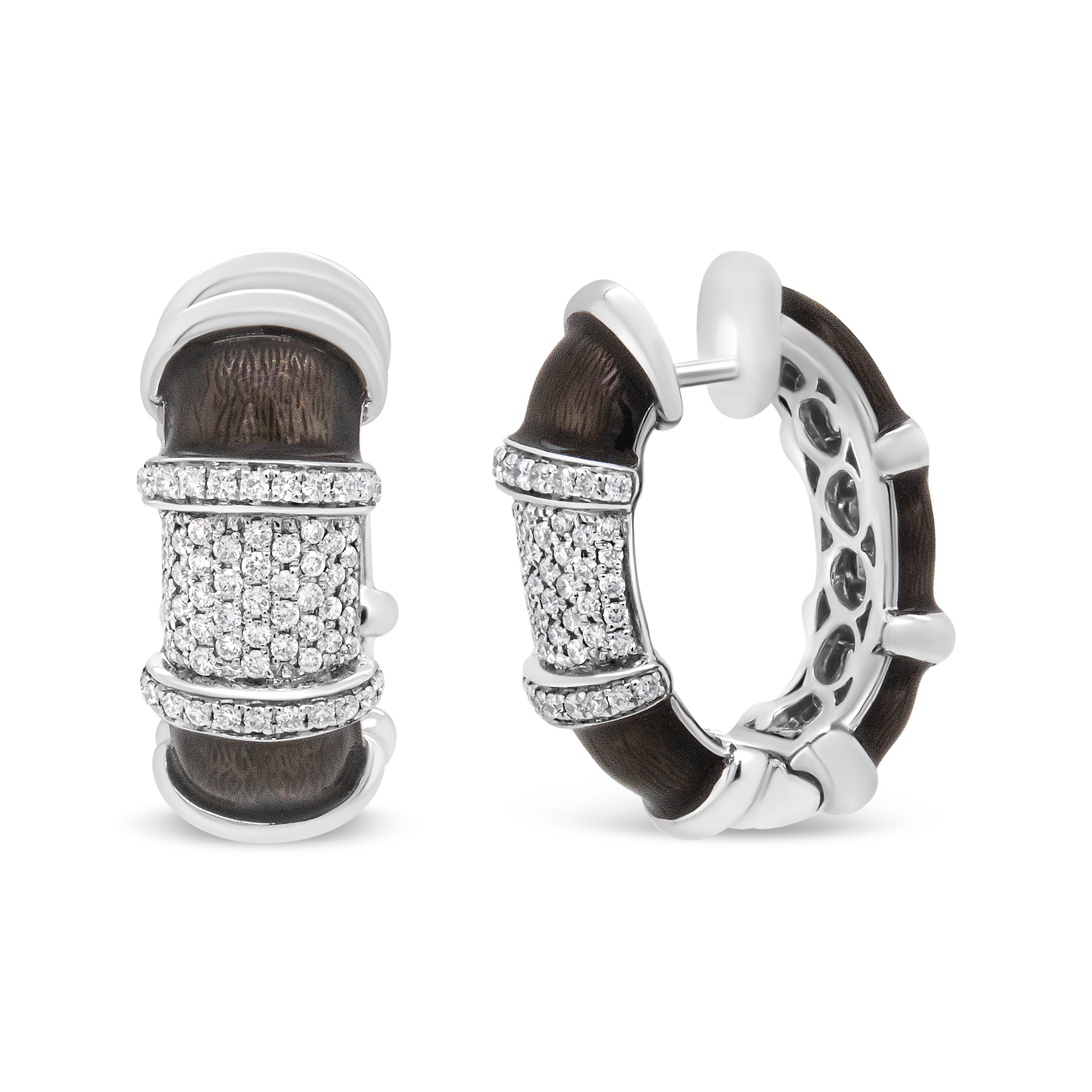 18K White Gold Flash Plated .925 Sterling Silver Clear Graphite Grey Enamel 5/8 Carat Total Weight Round Diamonds Huggie Hoop Earrings (F-G Color, VS1-VS2 Clarity)