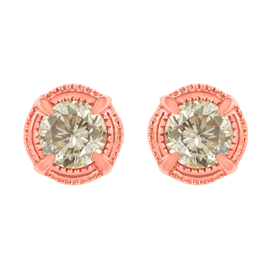 14K Yellow Gold Plated .925 Sterling Silver 1.0 Cttw Round Brilliant Cut Diamond Solitaire Milgrain Stud Earrings (K-L Color, I2-I3 Clarity)