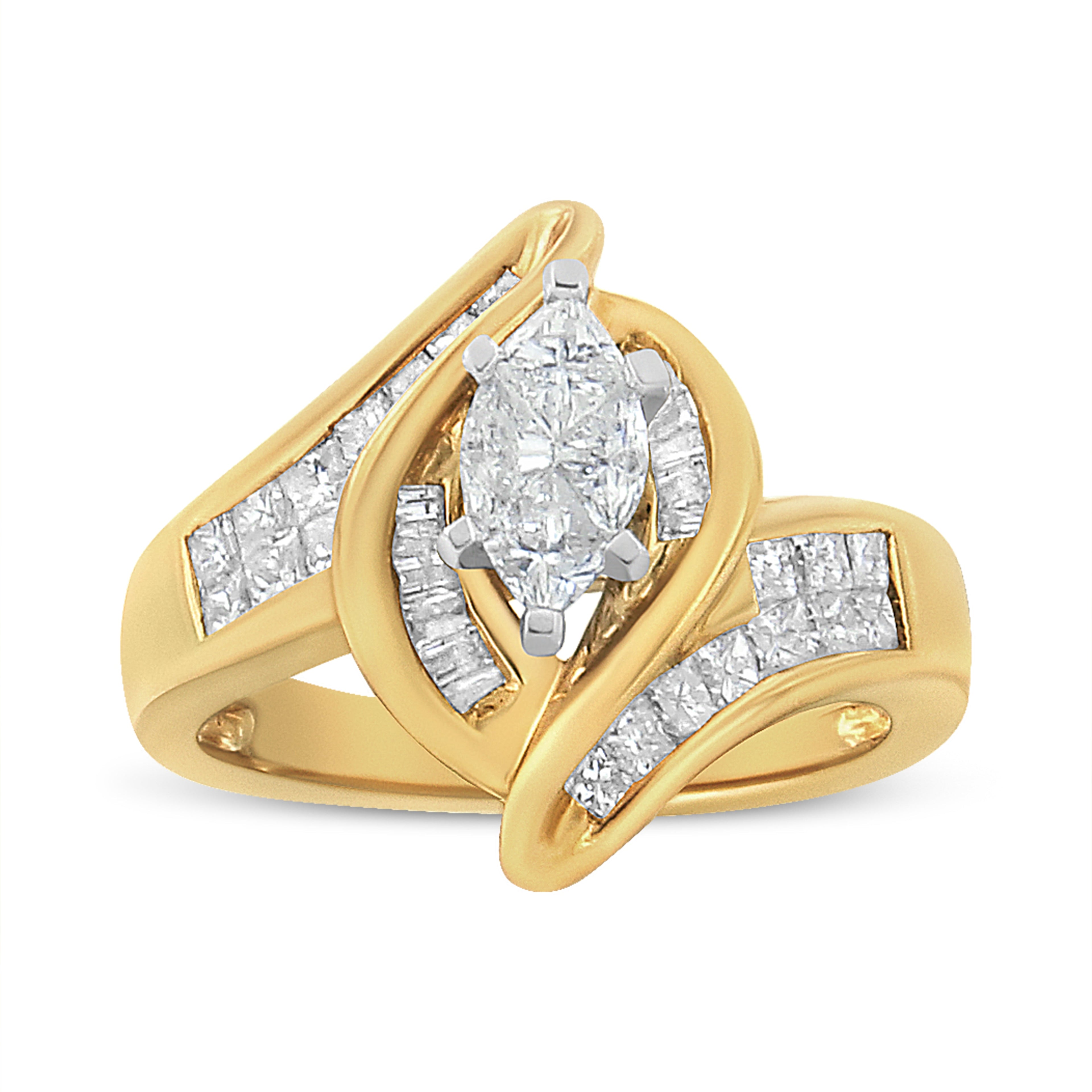 14K Yellow Gold Princess, Baguette, and Pie Cut Diamond Marquise Shaped Ring (1 1/4 Cttw, G-H Color, SI1-SI2 Clarity) - Size 5-1/2