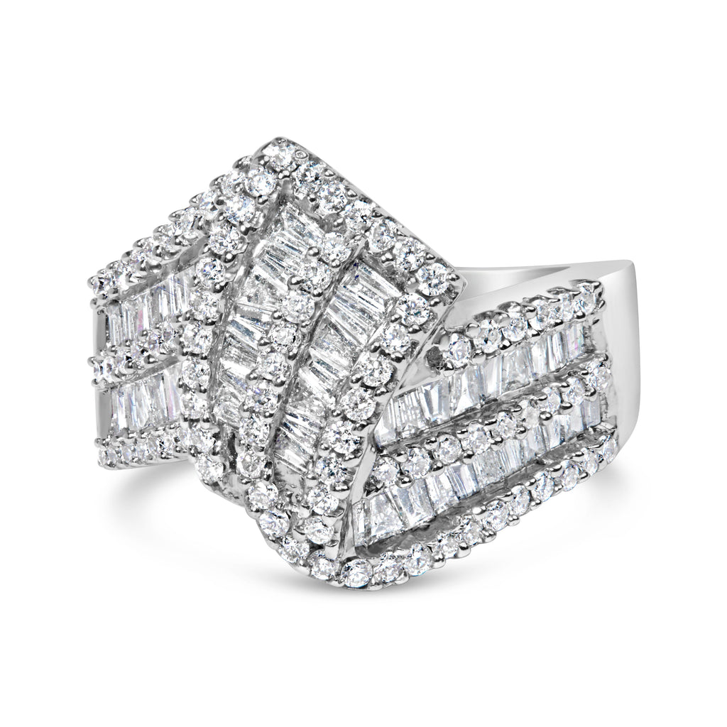 14K White Gold 1-1/2 Cttw Round and Baguette Diamond Bypass Cocktail Ring Band (H-I Color, SI1-SI2 Clarity) - Size 7